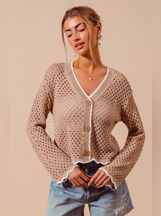 So Me Sweaters - SO ME Open Knit Light Weight Sweater Cardigan With Contrast Wavy Scallop Edge